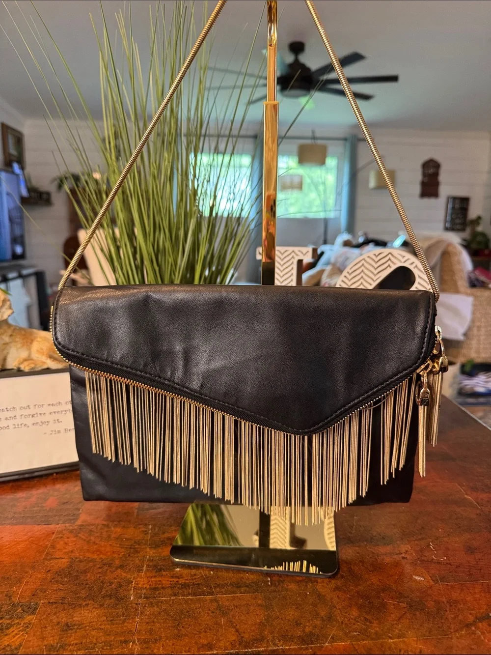 henri bendel Black Clutch with Gold Fringe